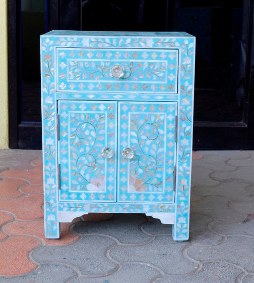 MOP Floral 1 Drawer 2 Door Bedside Table Turquoise