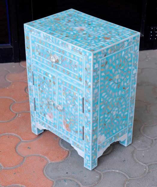 MOP Floral 1 Drawer 2 Door Bedside Table Turquoise