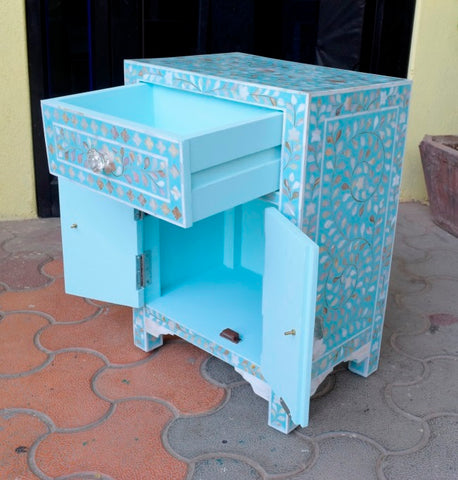 MOP Floral 1 Drawer 2 Door Bedside Table Turquoise