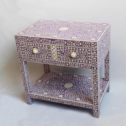 Dark Lavender Bone Inlay 2 Drawer 1 Shelf Bedside