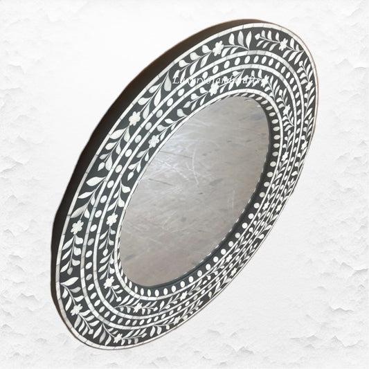 Dot Floral Bone Inlay Mirror Black