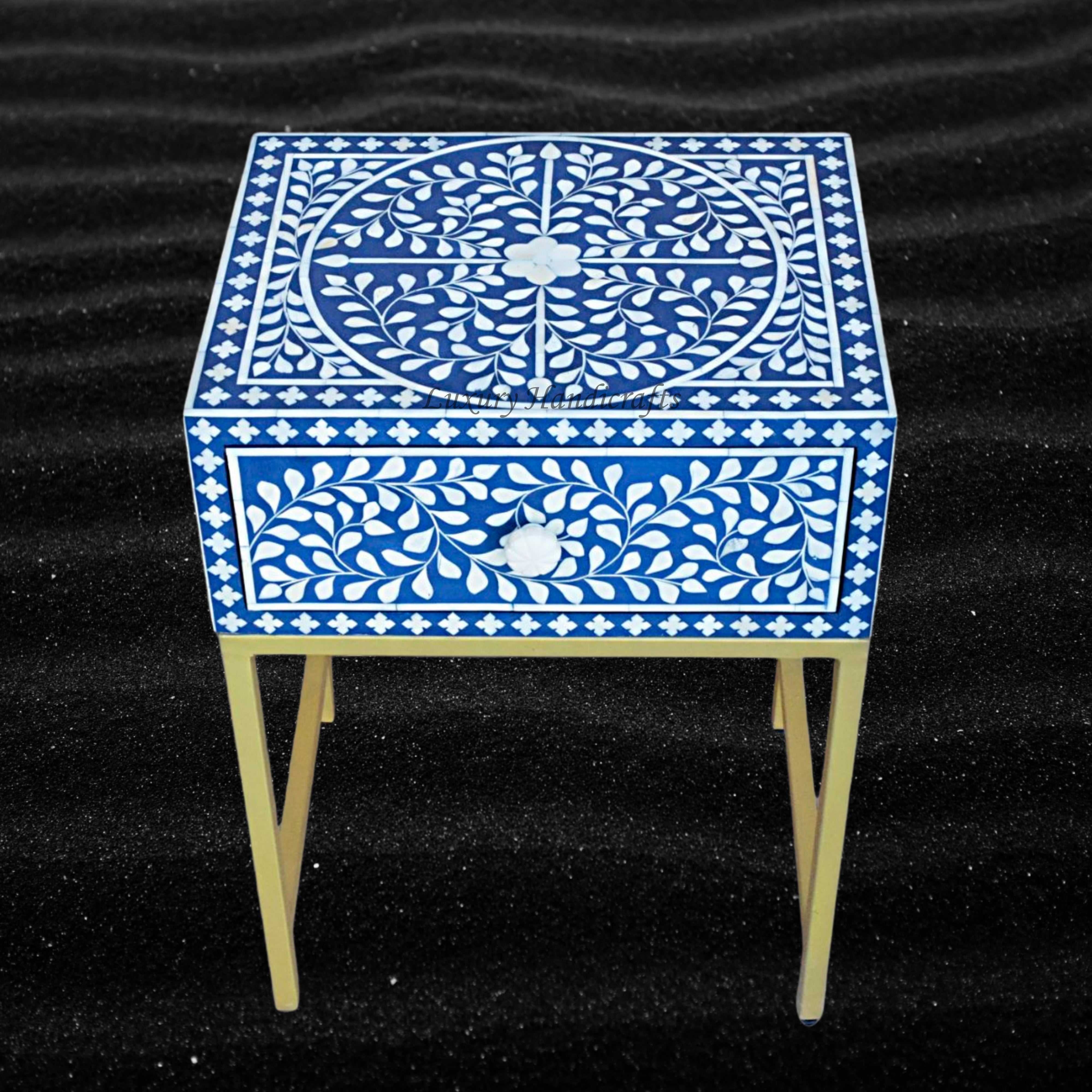 Blue Inlay Night Stand FUSION Bone Inlay Nightstand Blue Ready to Ship – Luxury Handicrafts