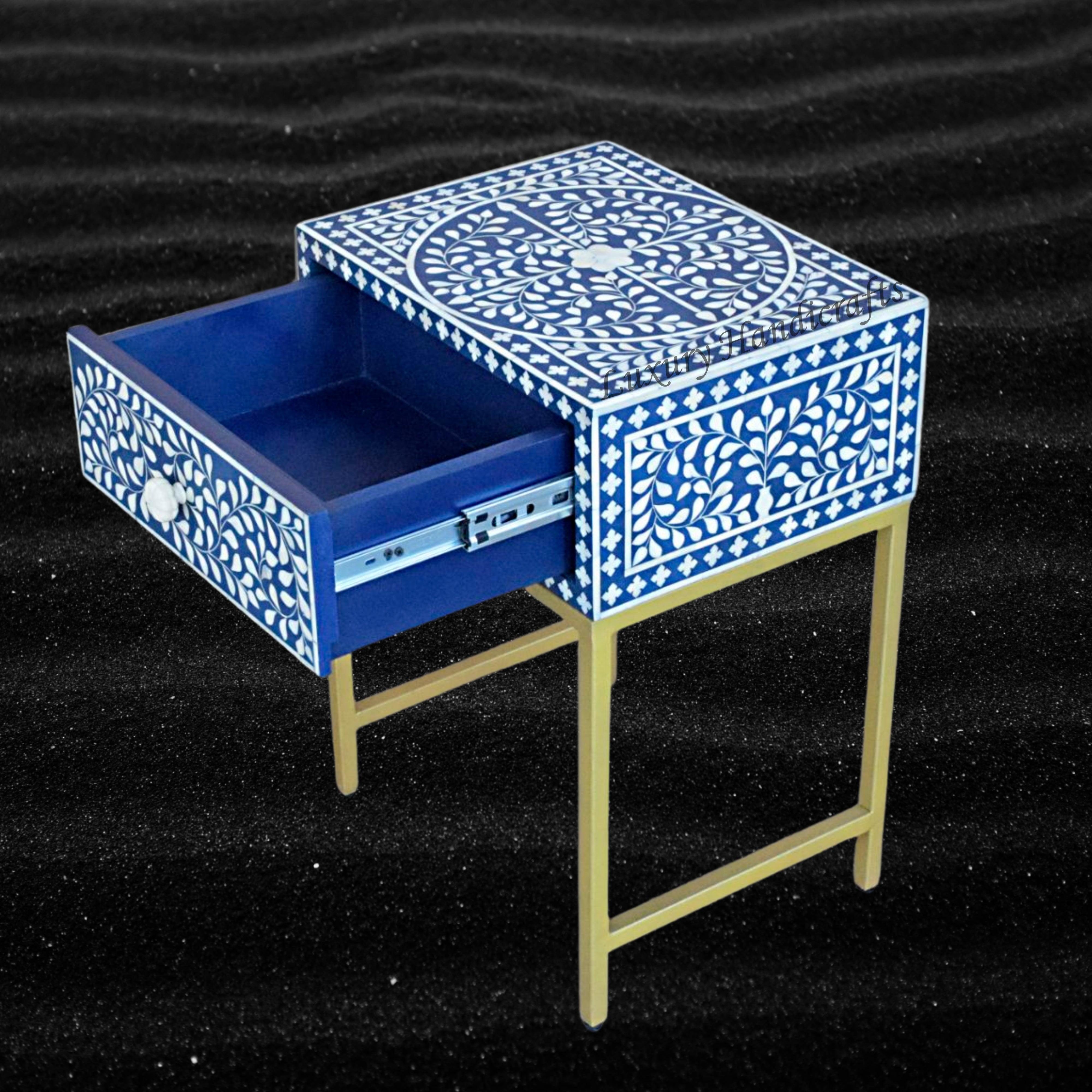 Blue Inlay Night Stand FUSION Bone Inlay Nightstand Blue Ready to Ship – Luxury Handicrafts
