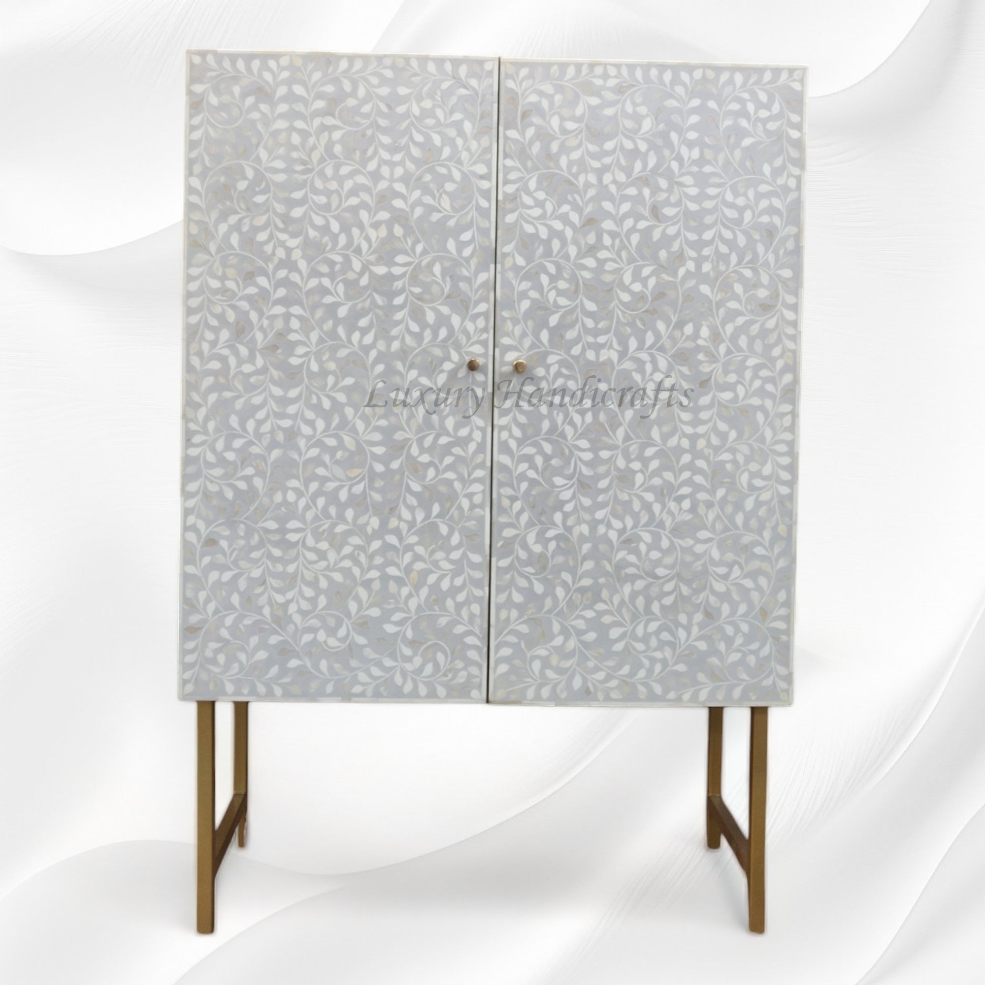 Floral Spiral Bone Inlay Bar Cabinet Grey 4