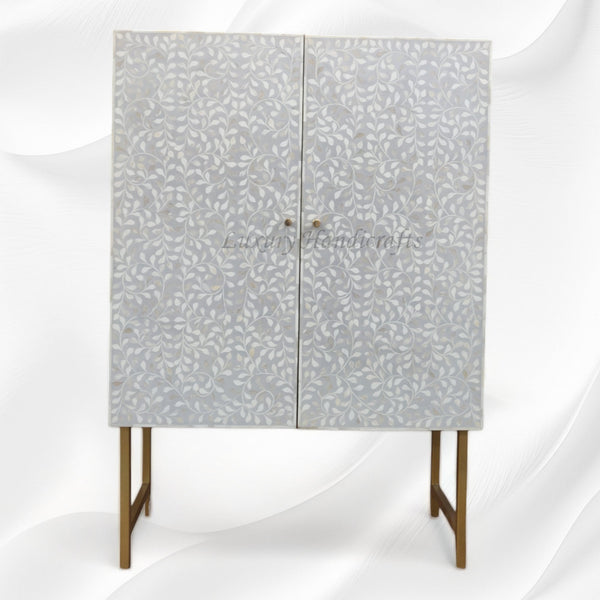Floral Spiral Bone Inlay Bar Cabinet Grey 4