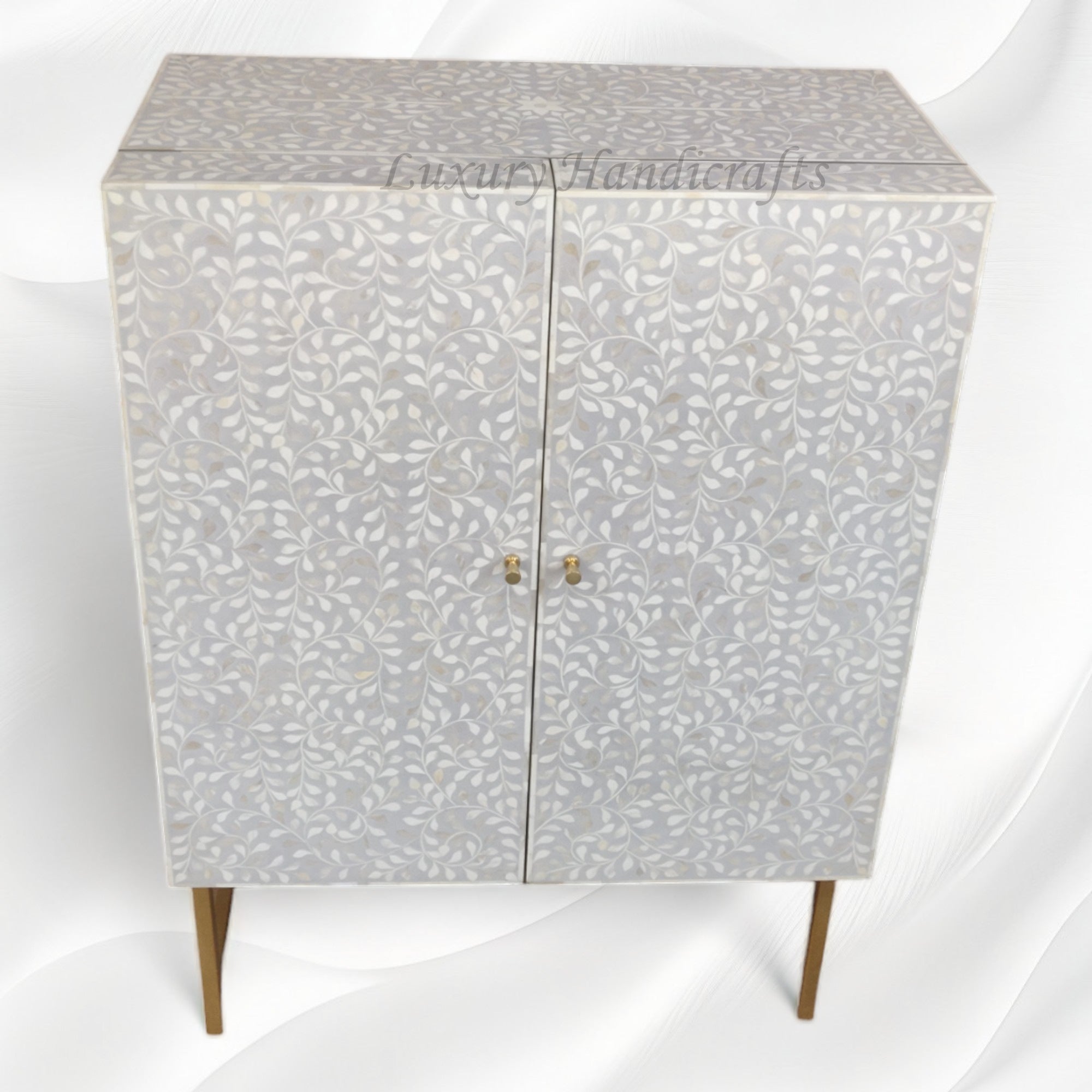 Floral Spiral Bone Inlay Bar Cabinet Grey 1