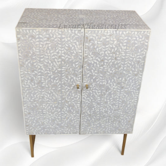 Floral Spiral Bone Inlay Bar Cabinet Grey 1