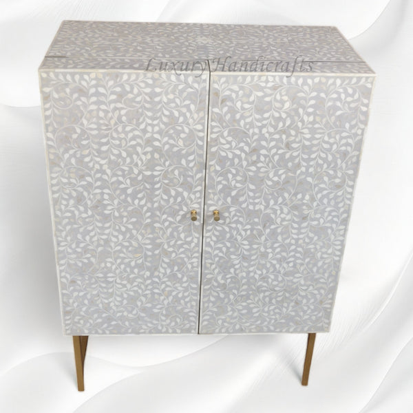 Floral Spiral Bone Inlay Bar Cabinet Grey 1