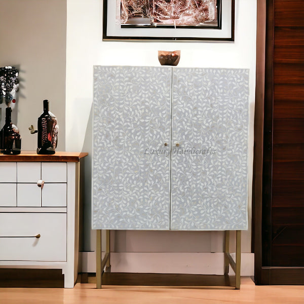 Floral Spiral Bone Inlay Bar Cabinet Grey