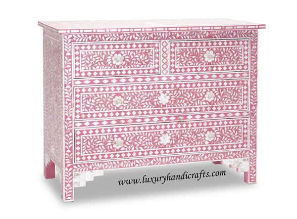 Mother Of Pearl Inlay Floral Chest Of Four Drawer Raspberry