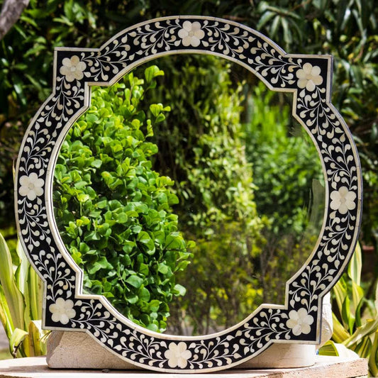 Floral Bone Quatrefoil Mirror Black