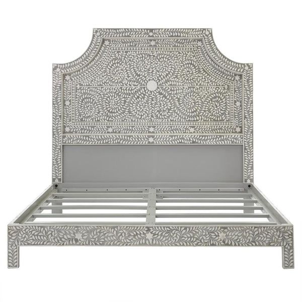 Floral Bone Inlay King Bed In Grey