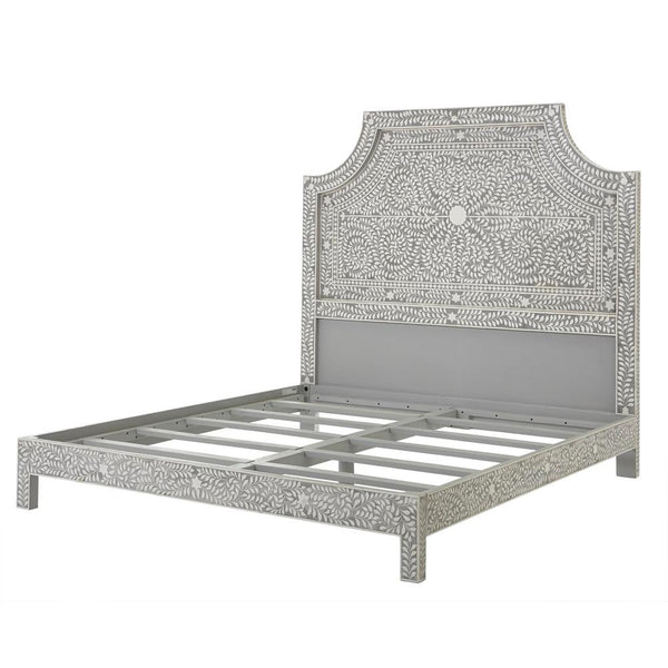 Floral Bone Inlay King Bed In Grey