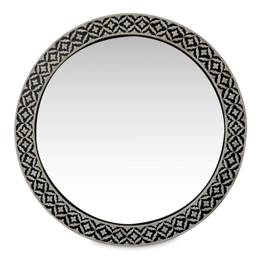 Black Floral Embossed Bone Round Mirror