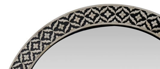 Black Floral Embossed Bone Round Mirror