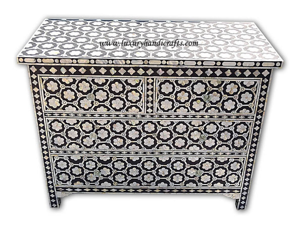 Flower Design Chest Of Four Drawer Mother Of Pearl Inlay Black