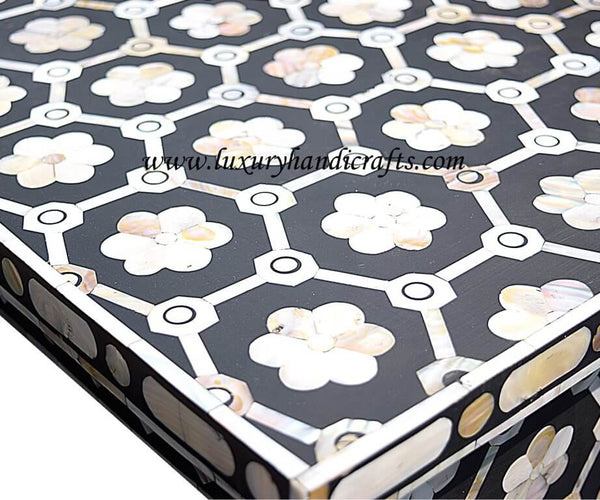 Flower Design Chest Of Four Drawer Mother Of Pearl Inlay Black