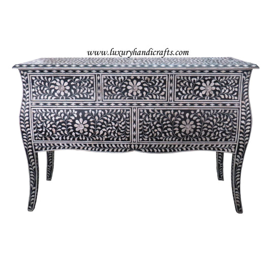 French Bone Inlay 5 Drawer Chest Black