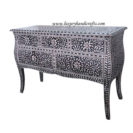 French Bone Inlay 5 Drawer Chest Black