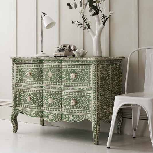 Green Bone Inlay French Chest 2 Drawer Floral Design