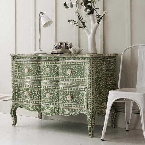Green Bone Inlay French Chest 2 Drawer Floral Design