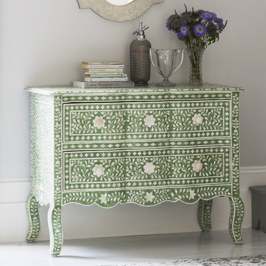 Green Bone Inlay French Chest 2 Drawer Floral Design