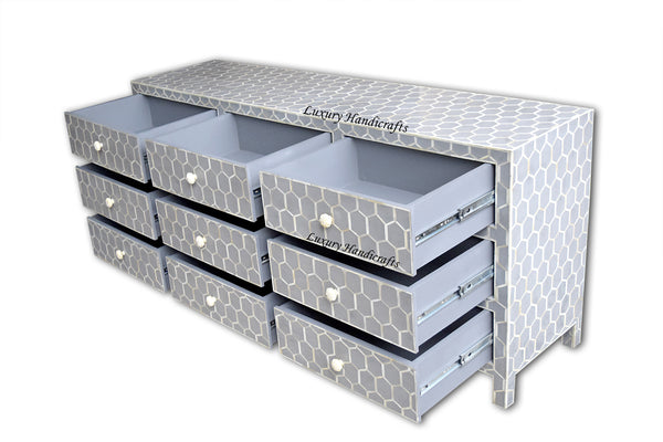 Bone Inlay 9 Drawer Chest Honeycomb Grey