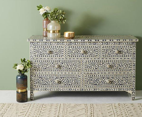 Bone Inlay Floral Chest Of 7 Drawers Grey