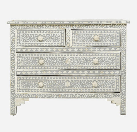 Bone Inlay Floral Chest Of 4 Drawer Grey