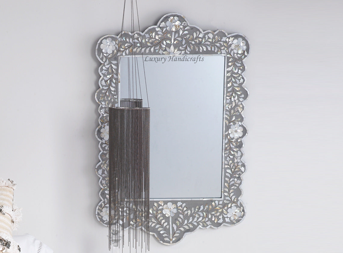 Mother Of Pearl Inlay Scalloped Mirror Grey