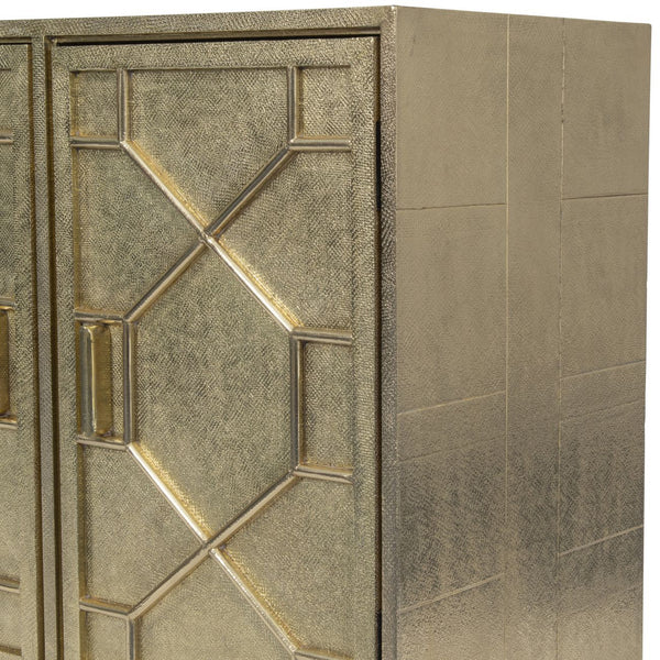 Hollywood Regency Hand Embossed Brass Metal 4 Door Cabinet