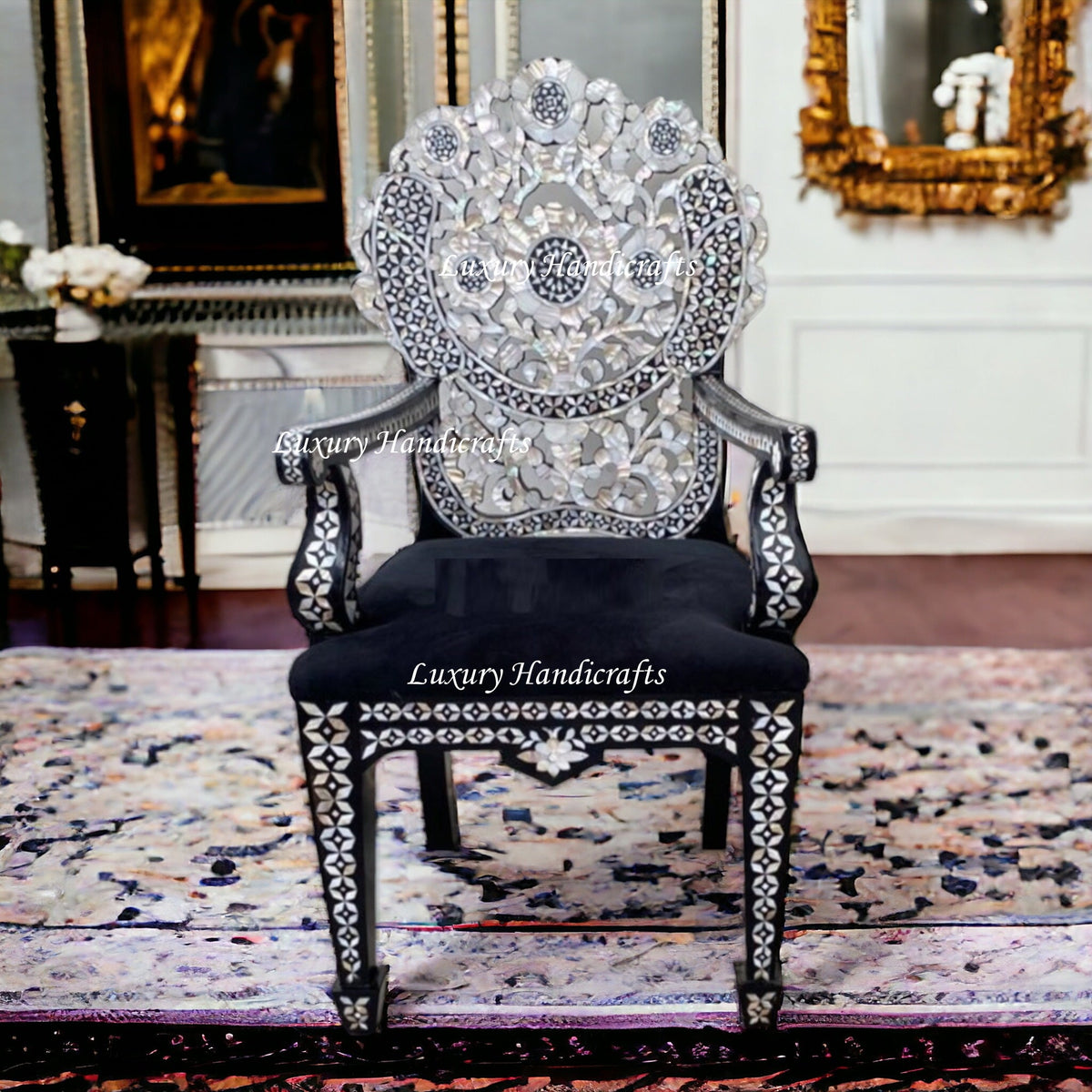 Handcarved MOP Inlay Ornate Flower Chair Black
