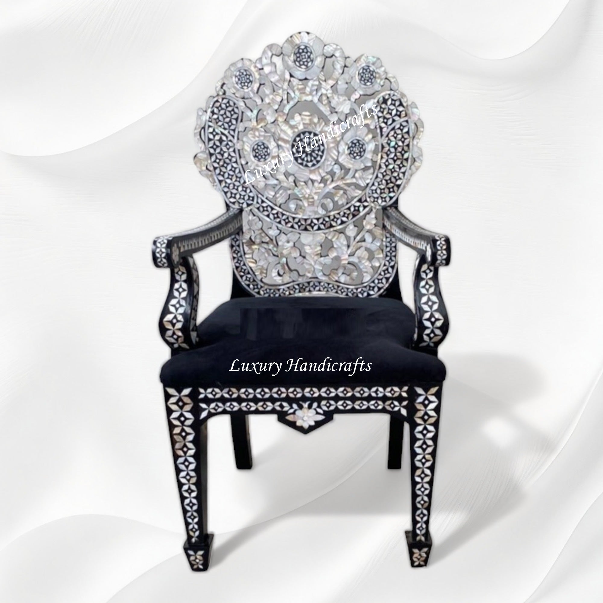 Handcarved MOP Inlay Ornate Flower Chair Black