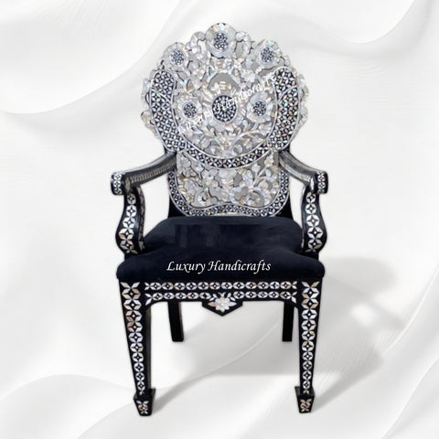 Handcarved MOP Inlay Ornate Flower Chair Black