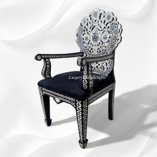 Handcarved MOP Inlay Ornate Flower Chair Black