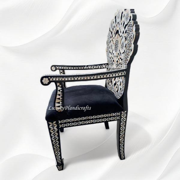 Handcarved MOP Inlay Ornate Flower Chair Black