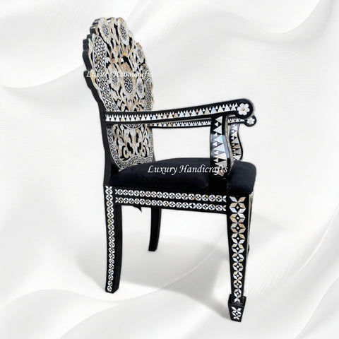 Handcarved MOP Inlay Ornate Flower Chair Black