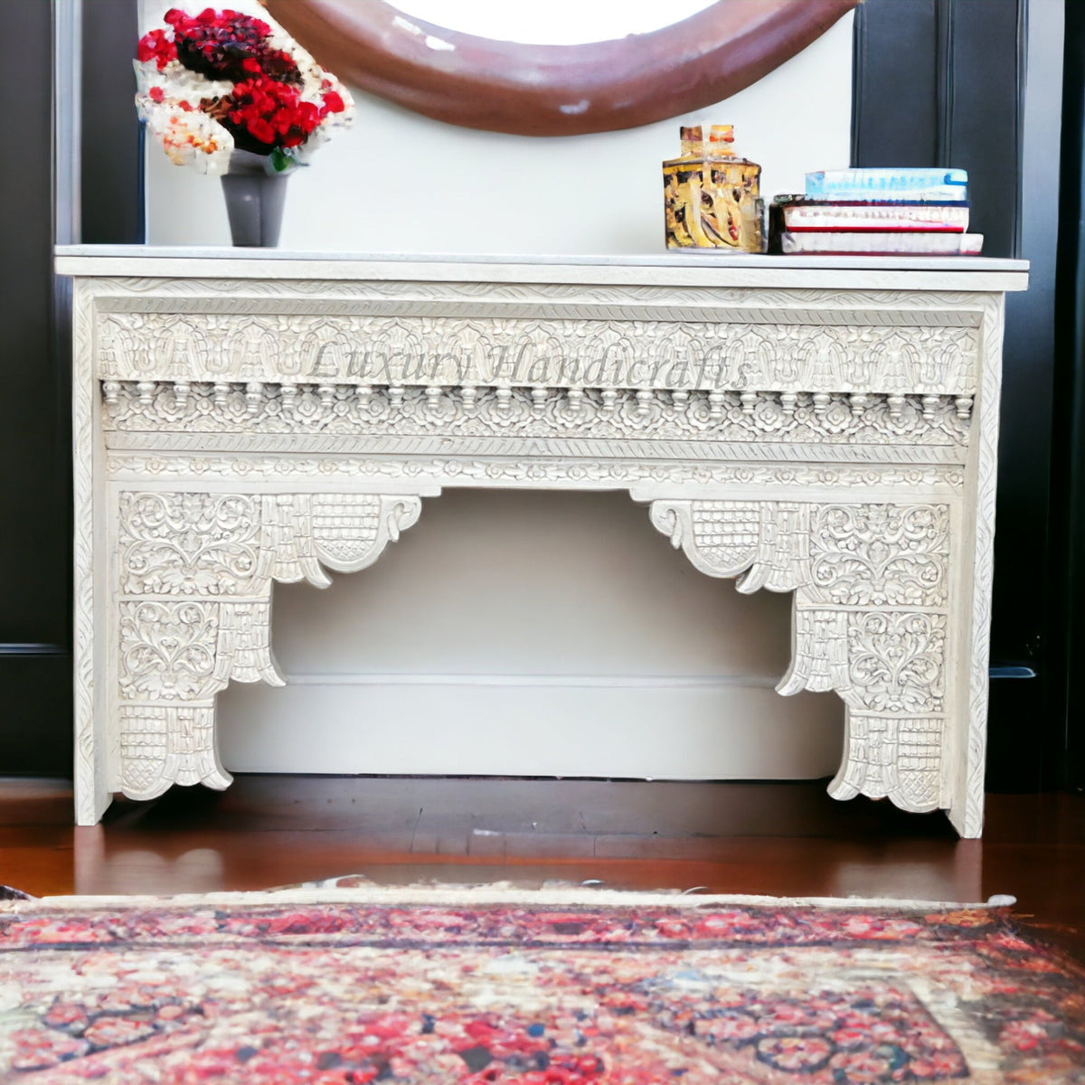 Ruby Handcarved Wooden Console White Distress Finish