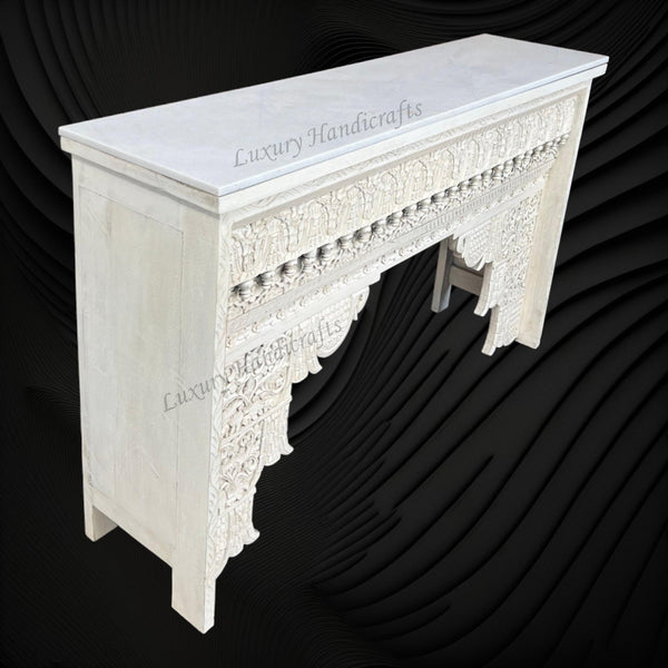 Ruby Handcarved Wooden Console White Distress Finish