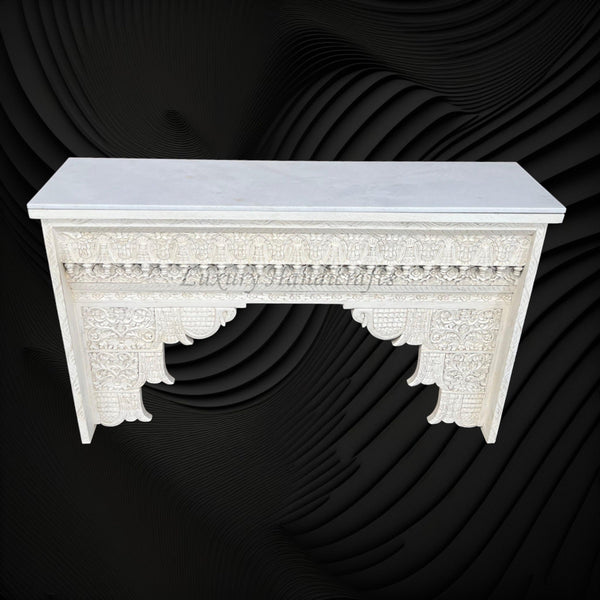Ruby Handcarved Wooden Console White Distress Finish