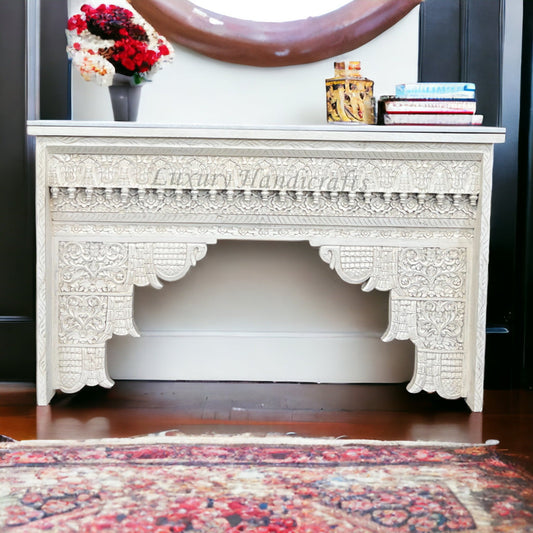Ruby Handcarved Wooden Console White Distress Finish