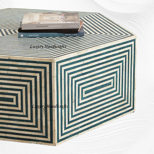 Hexa Bone Inlay Coffee Table Teal Green