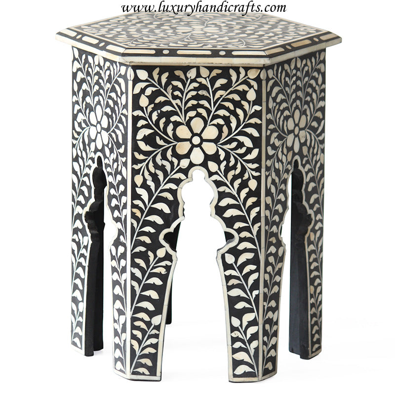 Bone Inlay Floral Design Hexagonal Table Black