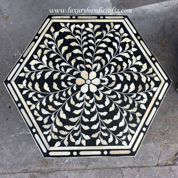 Bone Inlay Floral Design Hexagonal Table Black