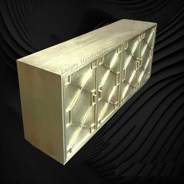 Hollywood Regency Brass Embossed 4 Door Cabinet