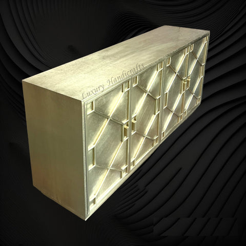 Hollywood Regency Brass Embossed 4 Door Cabinet