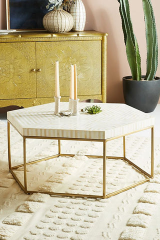 Bone Inlay Hexagonal Stripe Center Table White