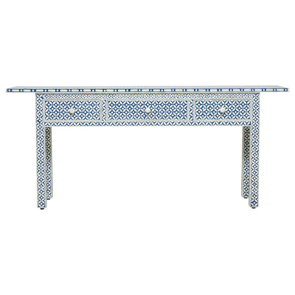 Blue Bone Inlay 3 Drawer Geometric Console Long Edges