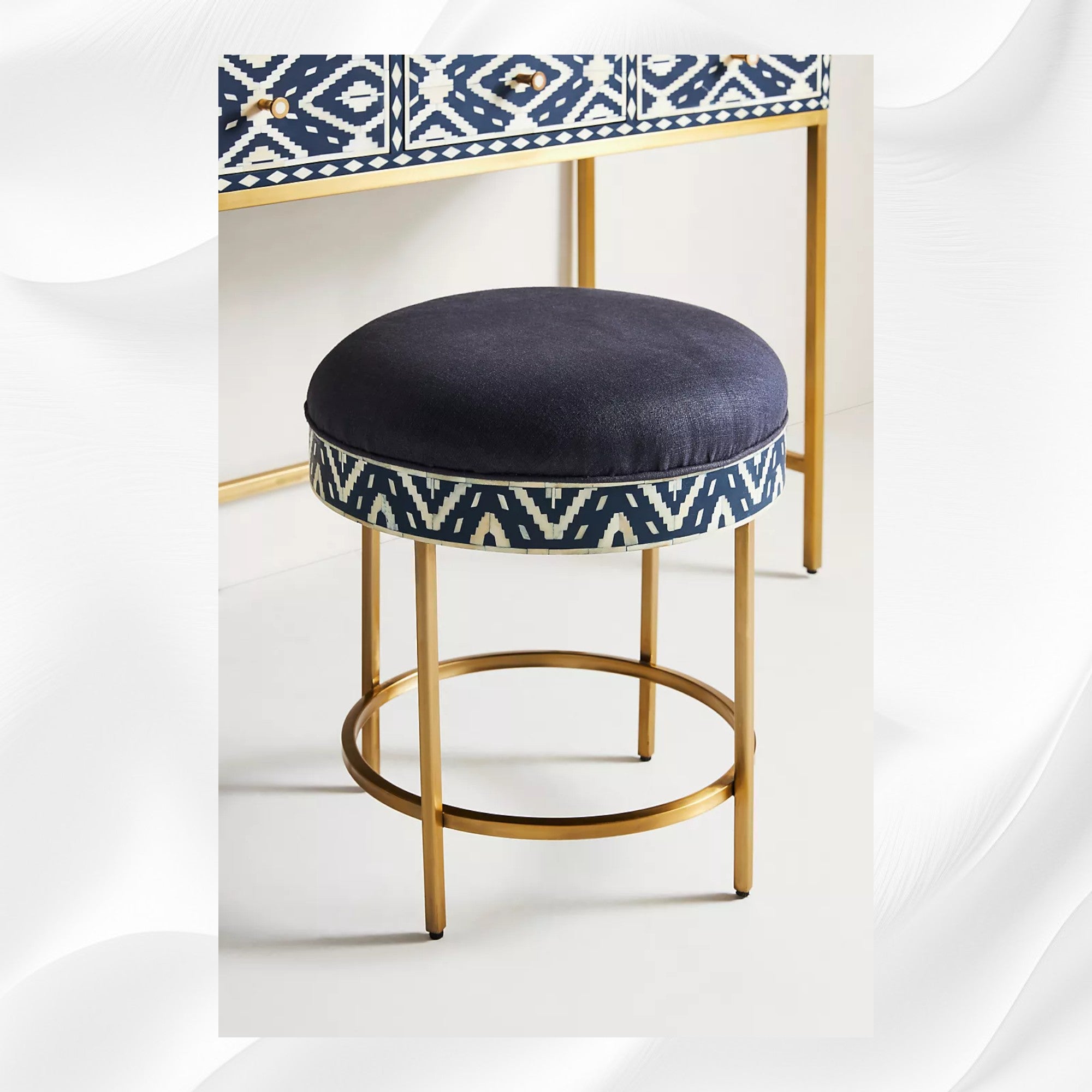 Ikat Bone Inlay Round Stool Blue Luxury Handicrafts