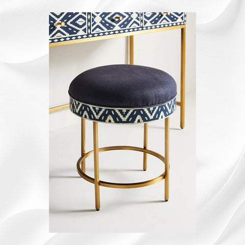 Ikat Bone Inlay Round Stool Blue